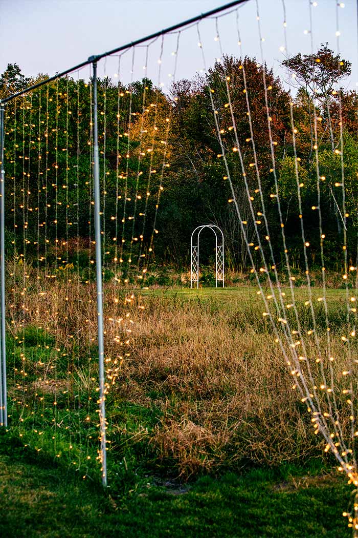 Looking through lights towards the arch in the field